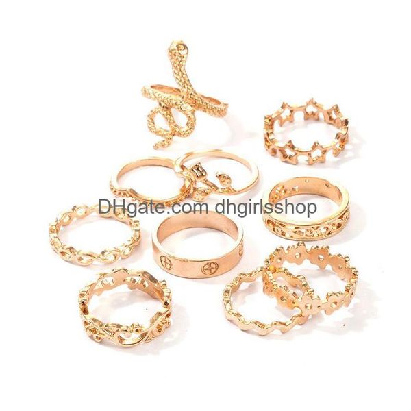 Cluster anneaux vintage antique sier or couleur femmes creux en anneaux géométriques ensembles de fleurs en strass noires bijoux dhix8 dhix8