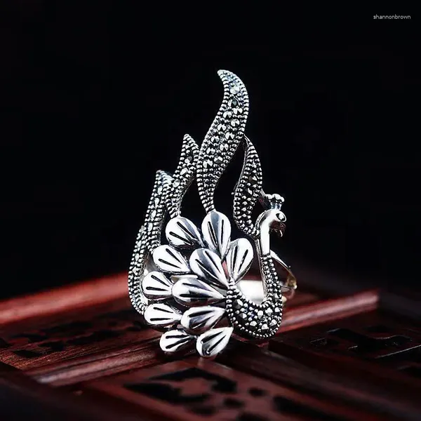 Anillos de racimo Vintage Negro Plata Color Peacock Phoenix Bird Ring para mujeres Tamaño ajustable Acero inoxidable Boho Estilo Joyería femenina