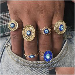 Bagues de cluster Vintage Blue Evil Eye Bague pour femmes Cadeau Bijoux Sun Forme Turc Lucky Réglable Accessoires de fête Drop Deliv DHSFM