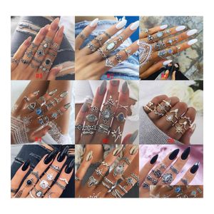 Anillos de racimo Vintage bohemio Midi Finger Set para mujer playa tortuga elefante piedras preciosas cristal boda nudillo Boho joyería de moda Otmc8