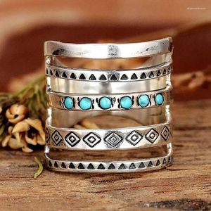 Clusterringen Vintage Boheemse dames 925 sterling zilver meerlaagse holle turquoise ringband prachtige verlovingsbruiloft