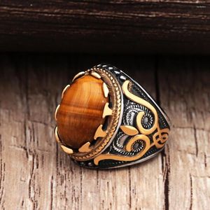 Cluster Anneaux Vintage Cour Style Tiger Eye Anneau Ovale Biker En Acier Inoxydable Punk Homme Avec Brun Pierre De Mode Bijoux Cadeaux Goutte