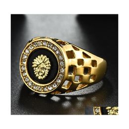 Cluster Anneaux Vintage Cristal Émail Tête De Lion Pour Hommes Hip Hop Or Alliage Creux Large Bague De Luxe Punk Rock Chevalier Bijoux Dr Dhtcw