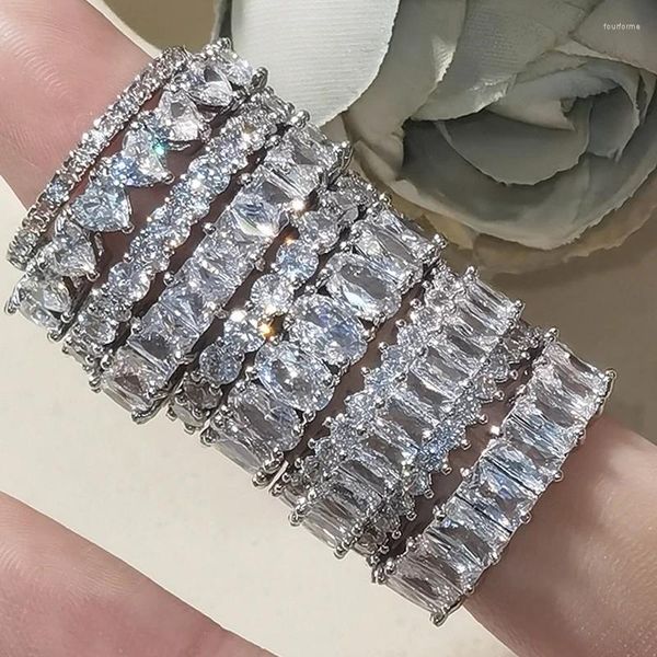 Anillos de racimo Vintage CZ Zircon Banda de boda Anillo de eternidad para mujeres Color plata Cristal Dedo Fiesta de compromiso Joyería de diseño de lujo