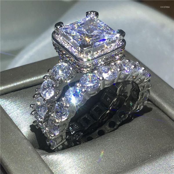 Bagues de cluster Vintage Engagement Band de mariage Set pour femmes hommes Zircon Cz or blanc rempli 925 bague en argent bijoux de mariée cadeau