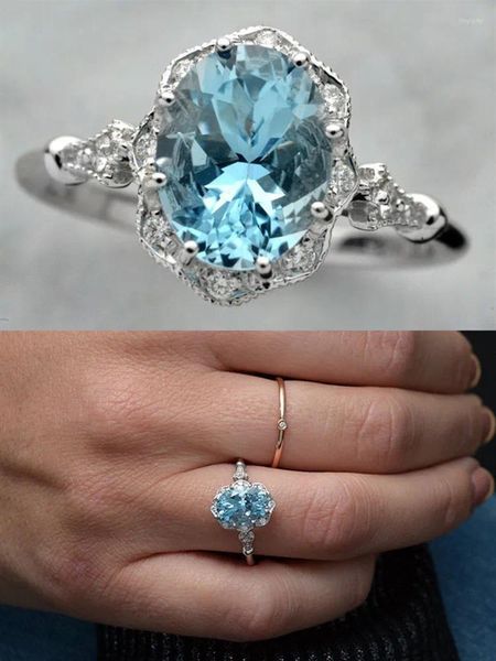 Bagues de cluster Vintage Mode Blue Crystal Topaz Aquamarine Gemstones Diamant Femmes Or Blanc Argent Couleur Bijoux Bijoux Bague Party