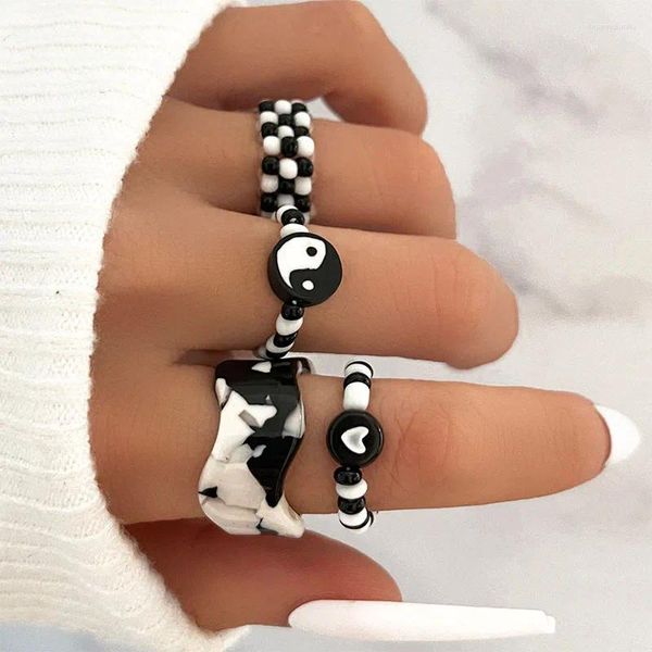 Anillos de racimo Moda vintage Tai Chi Yin Yang Bagua Geométrico Corazón Onda Con cuentas Acrílico Conjunto combinado para mujeres Hombres Joyería de fiesta Regalos