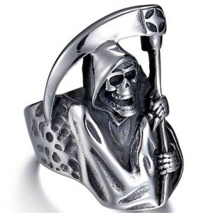 Anillos de racimo Vintage gótico Punk Grim Reaper Skull Ring Acero inoxidable Reaper's Scythe Ring Jewelry para hombres L230306