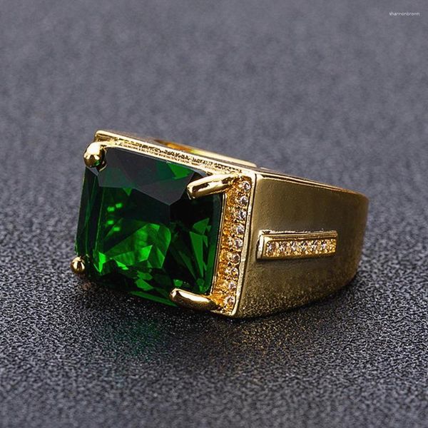 Anillos de racimo Vintage verde cristal esmeralda piedras preciosas diamantes para hombres 18 k oro Color Bague joyería Bijoux accesorios de moda regalos