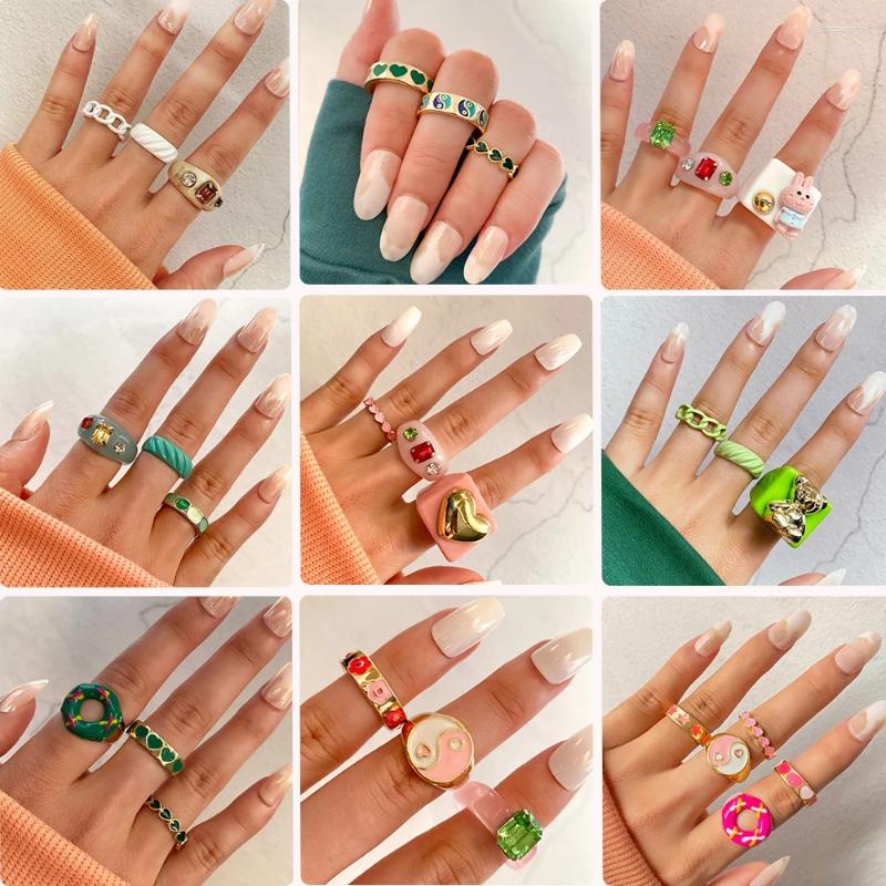 Anillos de racimo Conjunto de anillos de corazón vintage para mujeres Geométrica Acrílico Resina Cadena Junta 2023 Tendencia de moda Y2K Joyería al por mayor