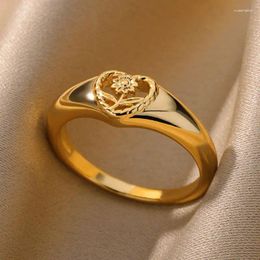 Anéis de cluster vintage coração girassol para mulheres aço inoxidável anel banhado a ouro 2023 casal de casamento jóias estéticas bague