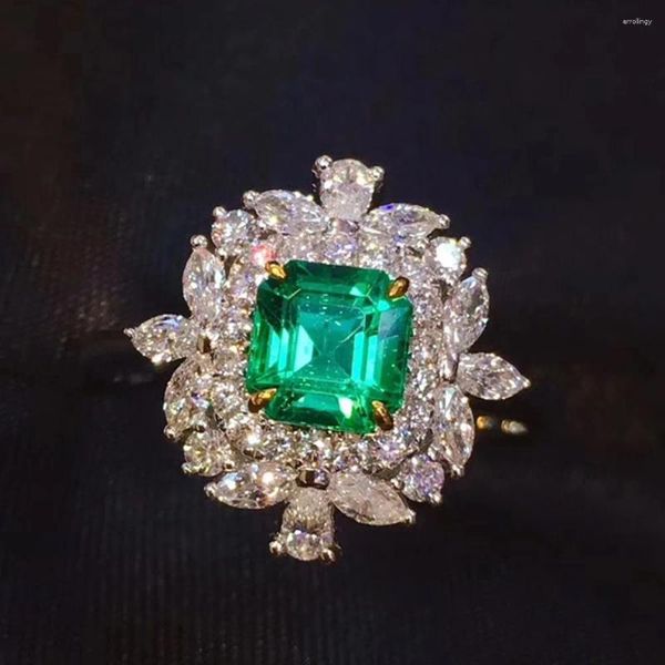 Anillos de racimo Vintage Lujo Princesa Cuadrado Cristal Verde Esmeralda Piedras preciosas Diamantes para mujeres 18k Joyería llena de oro Bijoux Accesorio