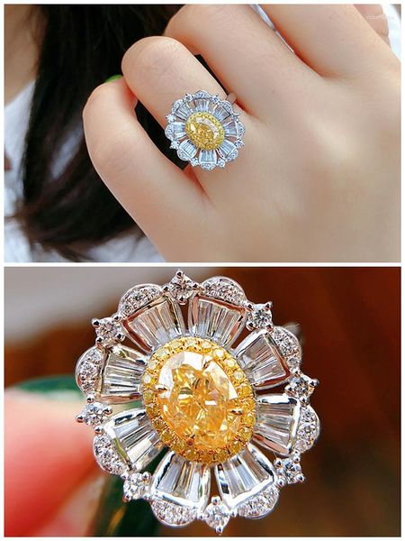 Cluster Anneaux Vintage De Luxe Tournesol Jaune Cristal Pour Les Femmes Citrine Pierres Précieuses Diamants Blanc Or Couleur Bague Bijoux Soirée Soirée