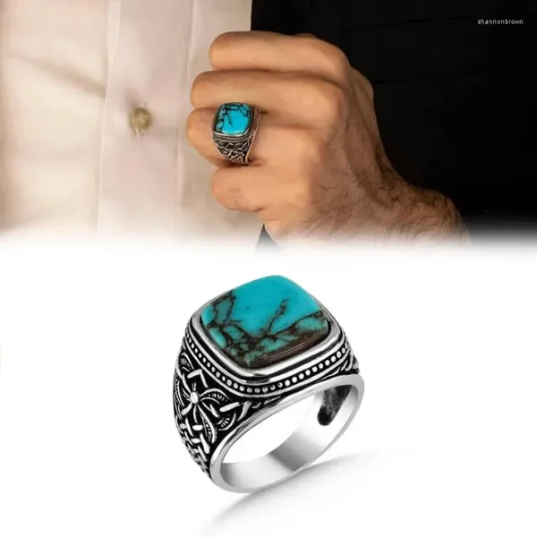 Bagues de cluster Vintage Hommes Bague Argent Couleur Métal Carré Bleu Pierre Style Ottoman Punk Party Cocktail Bijoux