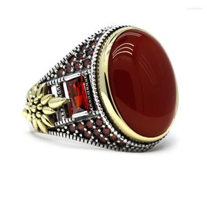 Cluster Ringen Vintage Mens Ring Met Steen 925 Sterling Zilver Ovale Natuurlijke Rode Aqeeq CZ Voor Mannelijke Vrouwen Sieraden kerstcadeau