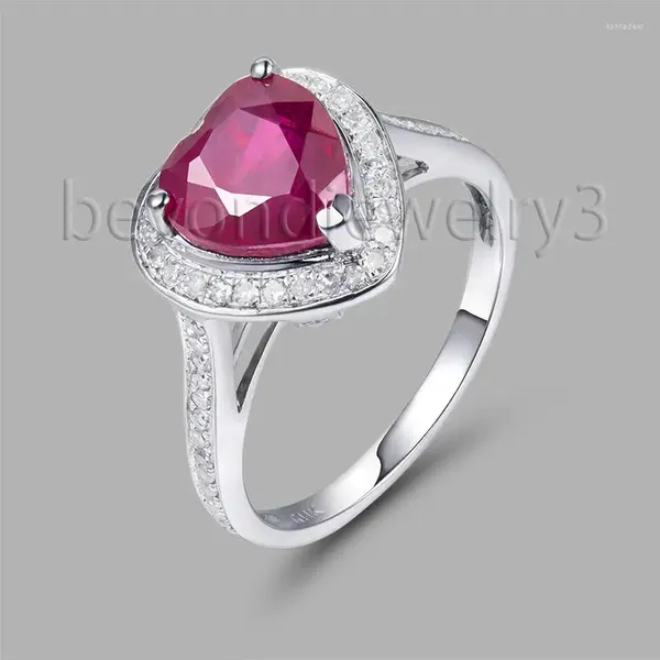 Bagues de cluster Vintage Naturel Rouge Ruby Coeur 14Kt / 585 Bague de fiançailles en or blanc Bijoux en diamant SR0077