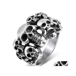 Anillos de racimo Vintage Punk Metal Skl Tallado Anillo gótico Flor Libélula Girasol Cool Mens Rock Party Biker Joyería Entrega de la gota Ot7Nr