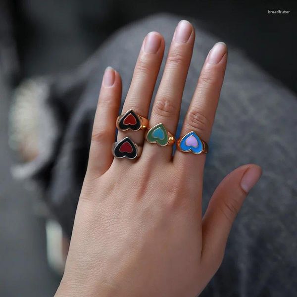 Anillos de racimo Vintage Rainbow Colorido Goteo Aceite Corazón Geométrico Anillo de metal para mujeres Niñas Fiesta Moda Estética Encanto Accesorios de joyería