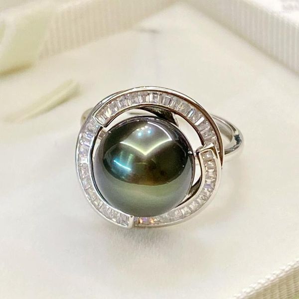 Anillos de racimo Vintage Real Tahitian Black Pearl Ring Simple 925 Silver Open con 11-12mm Natural Tahiti para mujer joyería de boda