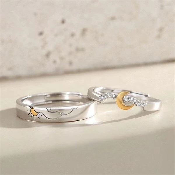 Anillos de racimo Vintage Romántico Sol Luna Parejas Conjunto a juego para mujeres Hombres con incrustaciones de circón Compromiso Joyería de boda Regalo del día de San Valentín