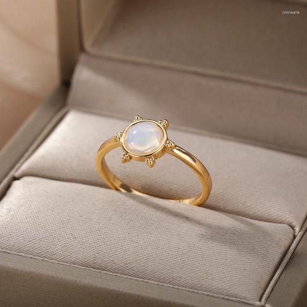 Anillos de racimo Vintage redondo ópalo para mujeres acero inoxidable acero anillo de solas geometría accesorios de geometría joya de regalos clúster