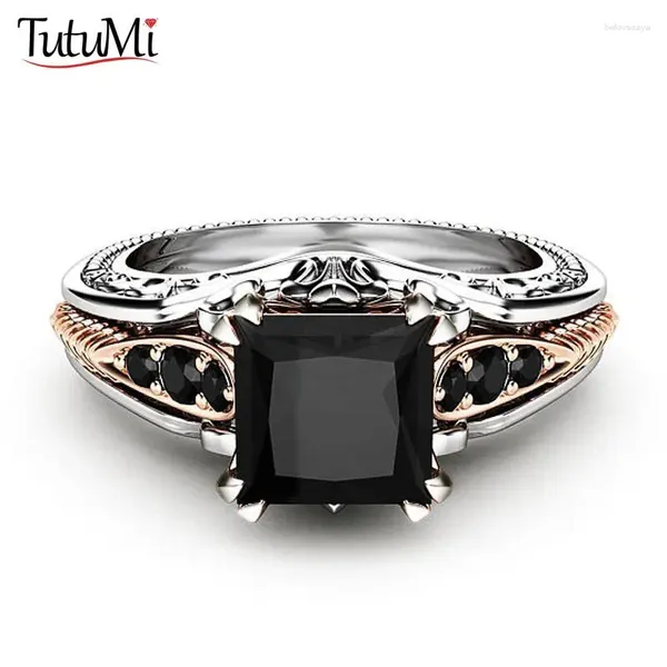 Anillos de racimo Vintage Silver 925 Ring Black Square Diamond Princess Engagement For Women Men Party Wedding Gifts