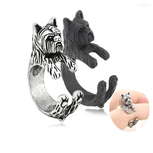 Cluster anneaux vintage couleurs argentées boho mignon yorkshire terrier chien chiots forme anneau enveloppe pour les femmes girls cool kids cadeaux bijoux pour animaux de compagnie