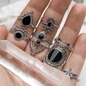 Anillos de racimo Vintage Silver Color Geometry Rings Rings Rings for Women Men Black Rinestone Aley Metal Party Jewelry 8pcs/Sets 21182