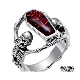 Anillos de racimo, anillo Vintage Skl para hombre, patrón de compromiso de Hip Hop, moda masculina, circón rojo para mujer, joyería Punk, regalo, envío directo Otjtw