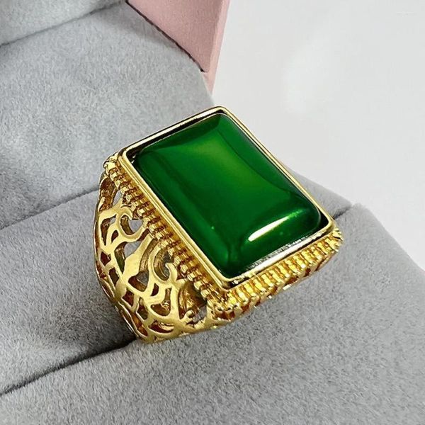 Bagues de Grappe Vintage Carré Vert Jade Agate Émeraude Pierres Précieuses Diamants Bague Pour Hommes 18k Or Rempli Bijoux Bandes Cool Accessoires