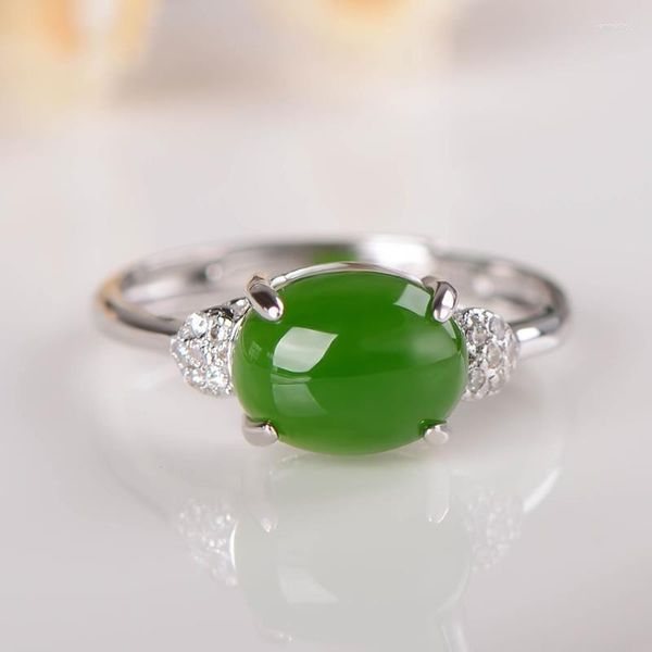 Bagues de cluster Vintage Style 925 Plaqué Argent Naturel Hetian Jasper Vert Calcédoine Bague Ouverte Femme Vie