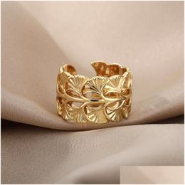 Clusterringen Vintage Surround Ginkgo Leaf Open voor vrouwen Goud roestvrij staal Brede ring Verstelbare manchet Vrouwelijke sieraden Cadeau Drop Deli Dhj0Z