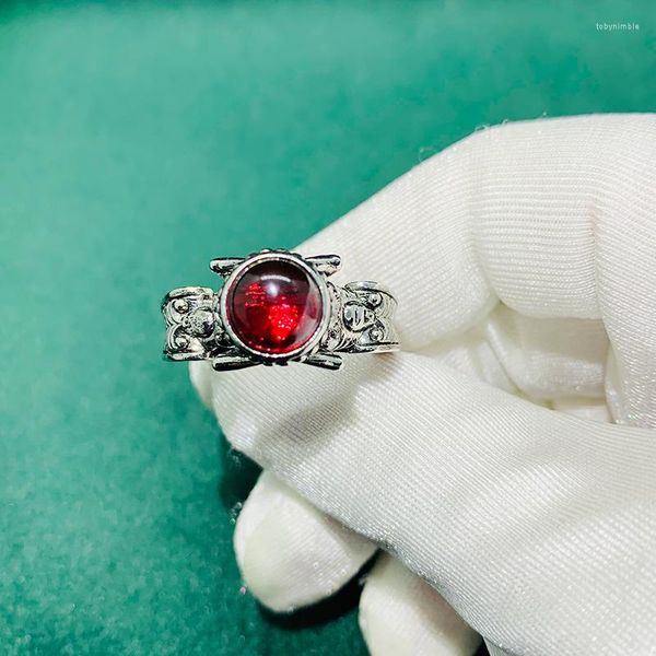 Cluster Rings Vintage Thai Silver Women Ring Dark Ruby Gemstone Zircon Old Design Bijoux Accessoires Mermaid Shape Red Stone Female