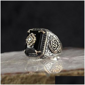 Cluster Ringen Vintage Turkse Zegelring Voor Mannen Vrouwen Antieke Sier Kleur Gesneden Adelaar Ingelegd Groene Zirkoon Locomotief Punk Jewlry Dro Dhrc4