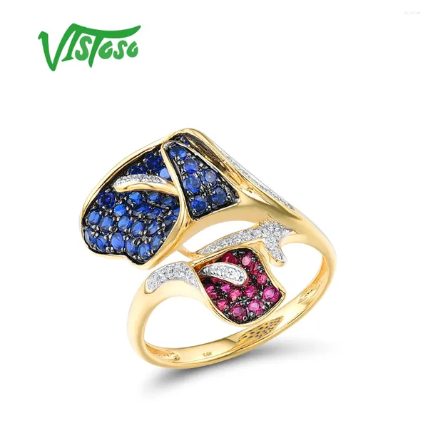 Cluster Anneaux Vistoso Authentiques 14K 585 Anneau d'or jaune pour femmes Sparkling Blue Sapphire Ruby Diamonds éblouissant Fleur de mariage Fine