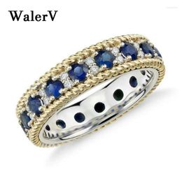 Cluster anneaux WALERV Couleur des femmes Rose Gol Ring Retro Wind Charme Stripe Edge Luxury Bleu Blanc White Crystal Zircon mariage