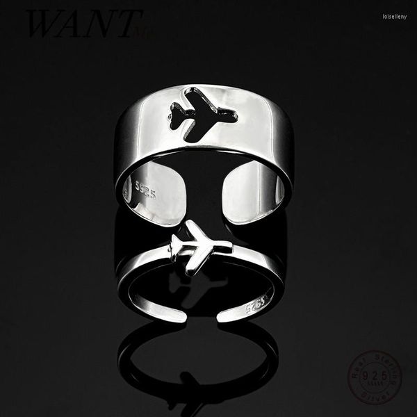 Anillos de racimo WANTME 925 plata esterlina Punk Goth avión abierto parejas anillo para mujeres hombres boda Vintage amistad fiesta