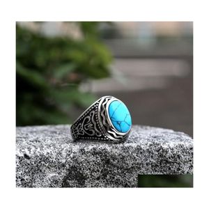 Clusterringen Warrior sieraden set turquoise titanium stalen ring gepersonaliseerde tijger eye stone heren 812 r2 drop levering dhj7u