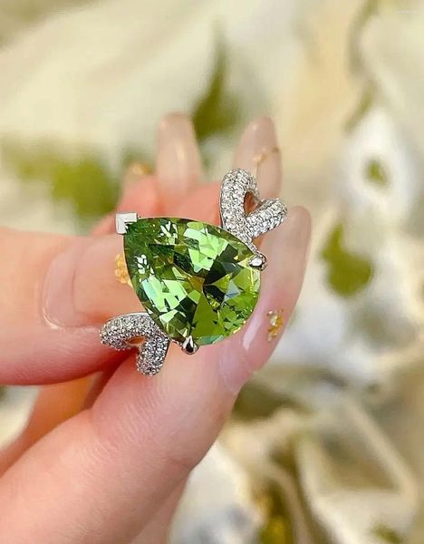 Anillos de racimo Gota de agua Peridoto Anillo de diamante Real 925 Plata esterlina Fiesta Banda de boda para mujeres Hombres Promesa Joyería de compromiso