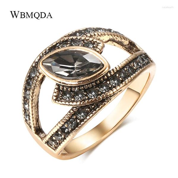 Anillos de racimo Wbmqda Boho Anillo de cristal gris Novia étnica Boda Color de oro antiguo Piedra de circón grande para mujeres Joyería vintage