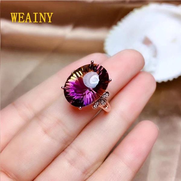 Anillos de racimo Weainy Anillo de amatista natural extra grande S925 Sterling Silver Ladies High Jewelry Energy Rainbow Gem Support