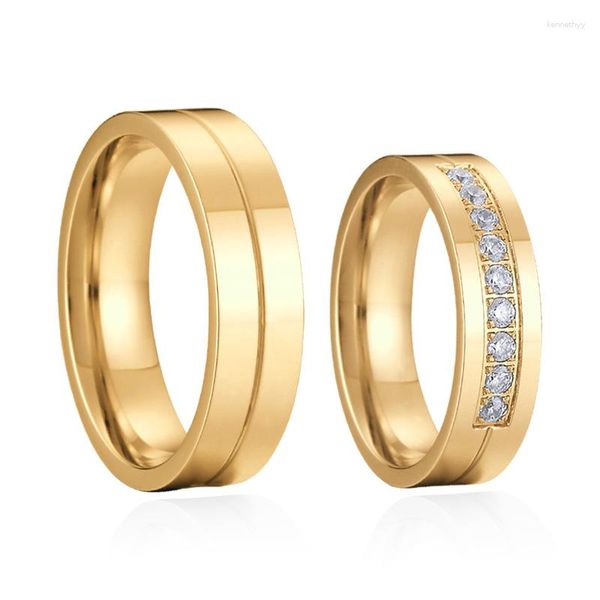 Anillos de racimo Alianzas de boda Pareja para hombres y mujeres 1 par Love Alliance Eternity CZ Diamond Anillo de acero inoxidable chapado en oro de 18 k