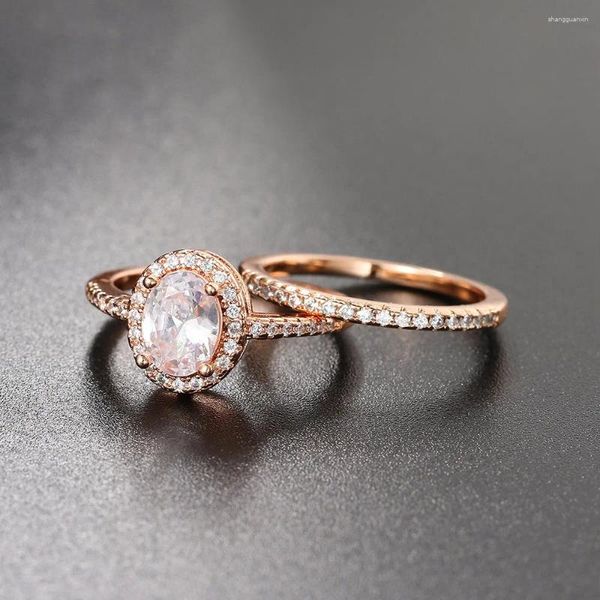 Anillos de racimo Conjunto de anillos de compromiso de boda para mujeres Cubic Zirconia Crystal Rose Gold Color Matrimonio Novia Accesorios Joyería SR077