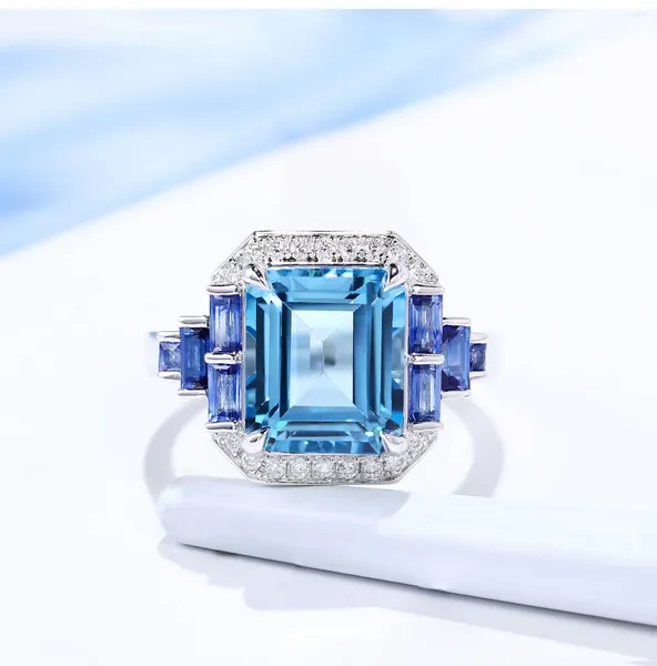 Bagues de cluster plaqué or blanc luxe brillant créé-aigue-marine tanzanite créé-saphir bague de forme carrée pour les femmes