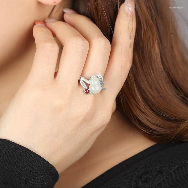 Anillos de racimo blanco Jade calabaza anillo ajustable accesorios tallados talismanes mujeres moda joyería de lujo Natural 925 piedra de plata