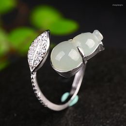 Bagues de Grappe Blanc Jade Gourd Bijoux Calcédoine Anneau Réglable Cadeaux Cadeaux Accessoires Naturels 925 Argent Sculpté Pierres Précieuses Charme