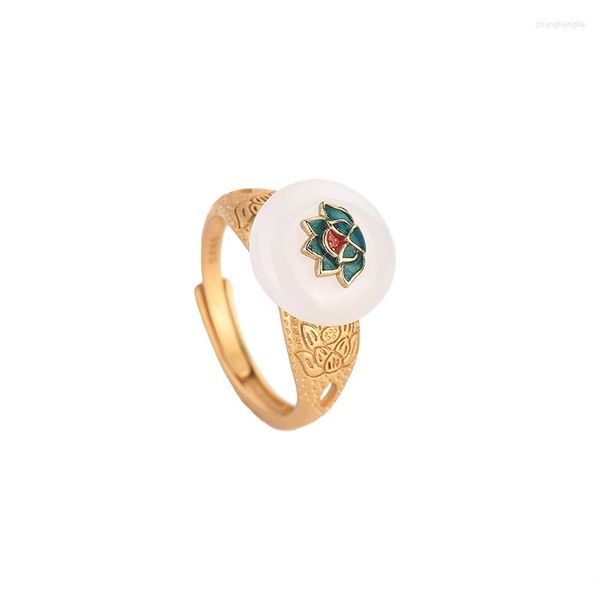 Anillos de racimo Jade blanco Loto Tallado Amuleto Anillo ajustable Diseñador de joyas Encanto Mujeres Talismanes 925 Amuletos de plata Natural chino