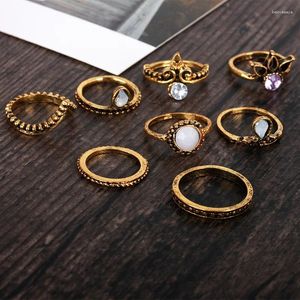 Bagues de cluster Blanc Rose Goutte À Goutte Cristal Flwoer Vintage Bronze Argent Plaqué Midi Pour Femmes 8 pcs/ensemble