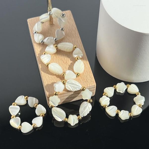 Bagues de cluster Blanc Shell Feuille Fleur Coeur Bague Bijoux À La Main En Acier Inoxydable Mode Femmes Déclaration Pour La Fête De Mariage En Gros