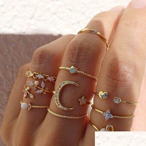Clusterringen Groothandel 10 Sets Water Diamant Joint Ring Combinaties Fashion Women Moon Star Leaf Love Set Drop Delivery Sieraden Dhlwt